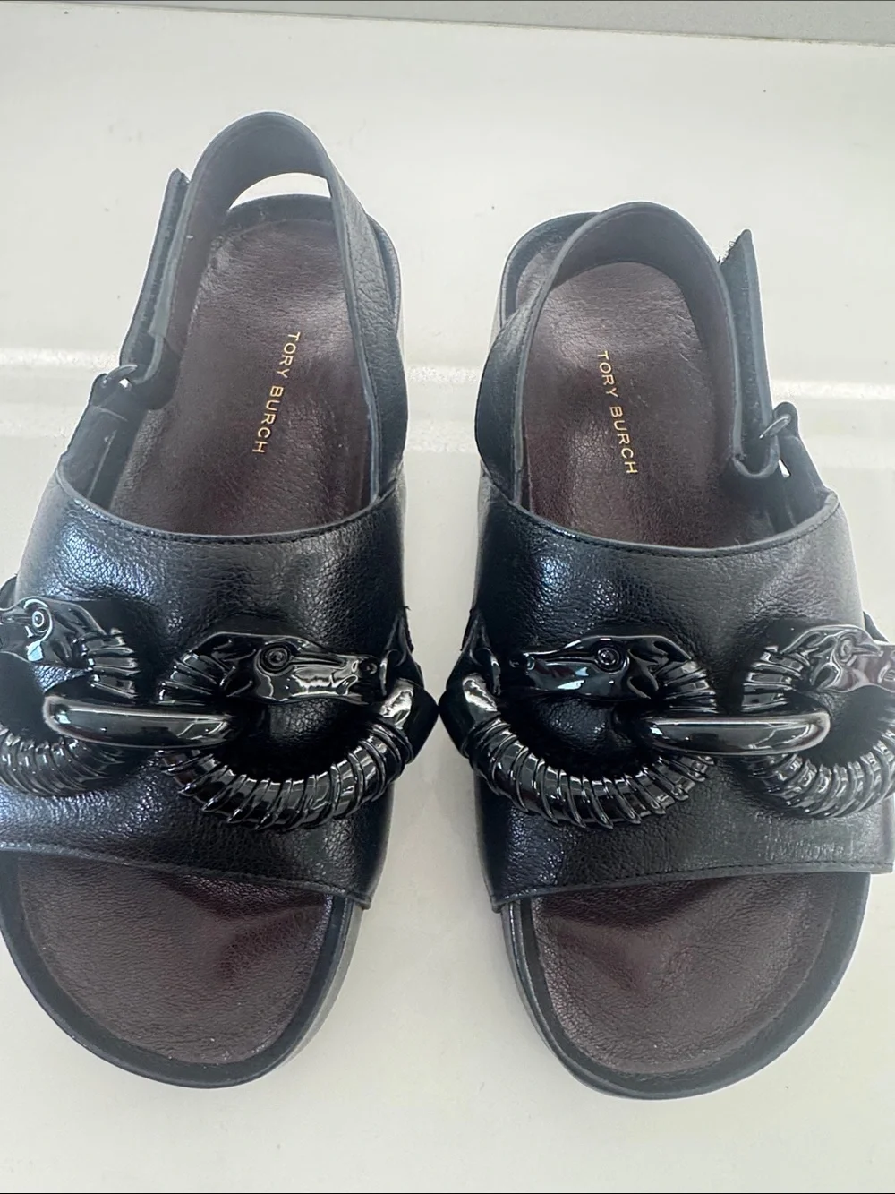 Tory Burch Black Leather Slingback Slides with Chain Accent